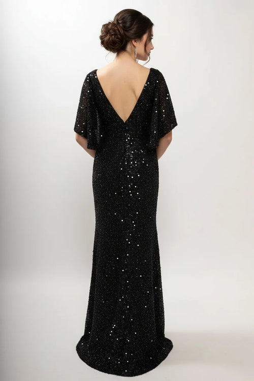 Sequin Beaded Sheath Mother of the Bride Dress Flutter Sleeve V-Neck Evening Gown by Trevi M2751T