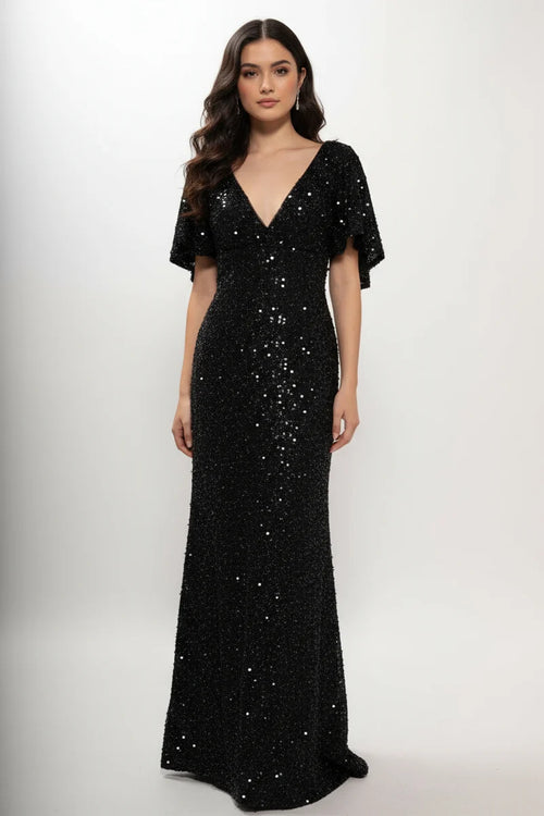 Sequin Beaded Sheath Mother of the Bride Dress Flutter Sleeve V-Neck Evening Gown by Trevi M2751T
