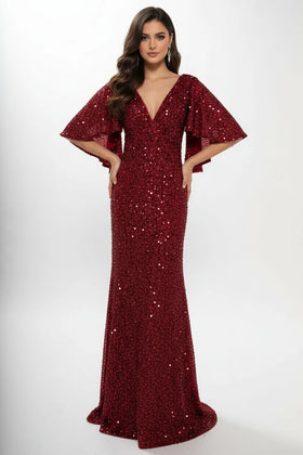 Sequin Beaded Sheath Mother of the Bride Dress Flutter Sleeve V-Neck Evening Gown by Trevi M2751T