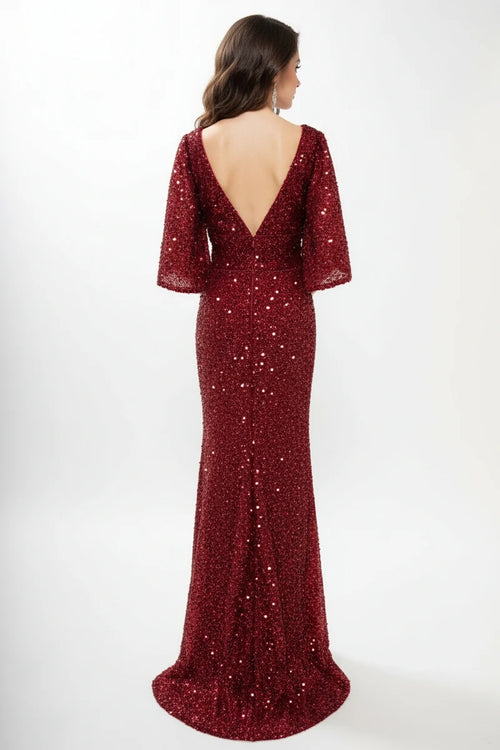 Sequin Beaded Sheath Mother of the Bride Dress Flutter Sleeve V-Neck Evening Gown by Trevi M2751T