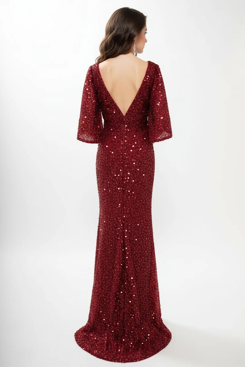 Sequin Beaded Sheath Mother of the Bride Dress Flutter Sleeve V-Neck Evening Gown by Trevi M2751T