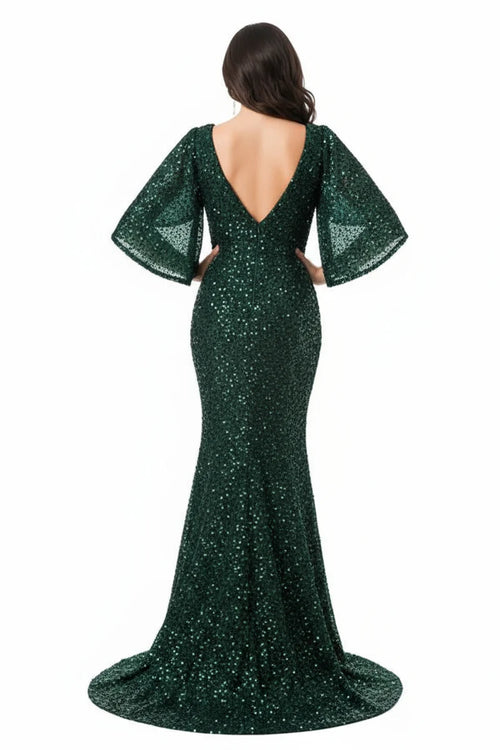 Sequin Beaded Sheath Mother of the Bride Dress Flutter Sleeve V-Neck Evening Gown by Trevi M2751T