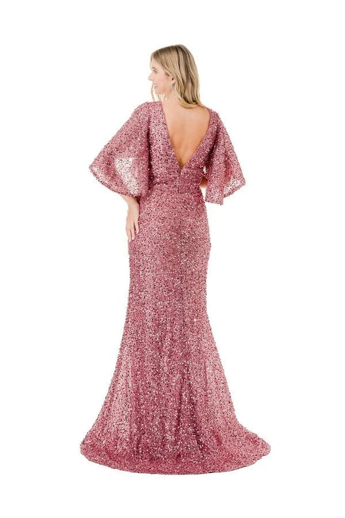 Sequin Beaded Sheath Mother of the Bride Dress Flutter Sleeve V-Neck Evening Gown by Trevi M2751T