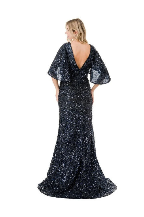 Sequin Beaded Sheath Mother of the Bride Dress Flutter Sleeve V-Neck Evening Gown by Trevi M2751T