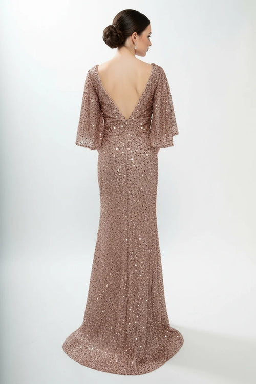 Sequin Beaded Sheath Mother of the Bride Dress Flutter Sleeve V-Neck Evening Gown by Trevi M2751T