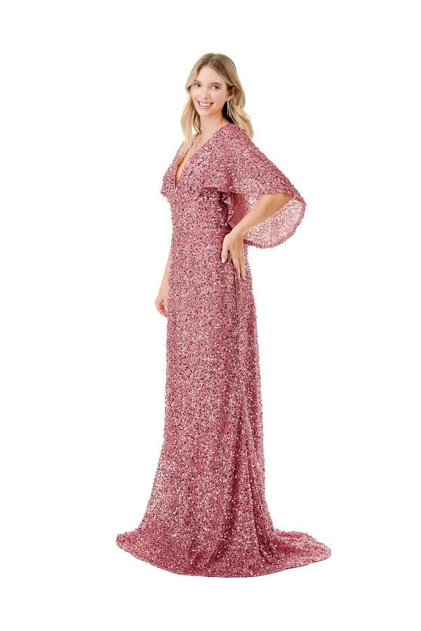 Sequin Beaded Sheath Mother of the Bride Dress Flutter Sleeve V-Neck Evening Gown by Trevi M2751T