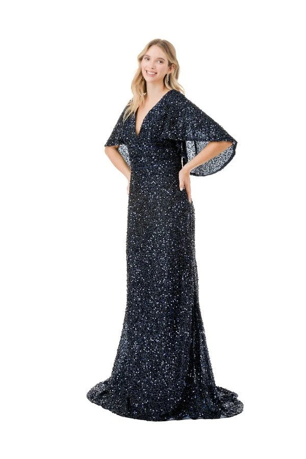 Sequin Beaded Sheath Mother of the Bride Dress Flutter Sleeve V-Neck Evening Gown by Trevi M2751T