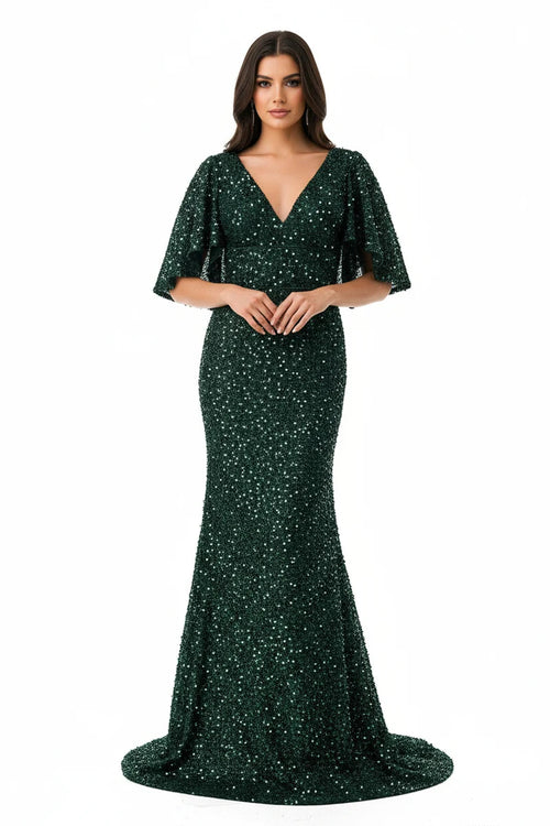 Sequin Beaded Sheath Mother of the Bride Dress Flutter Sleeve V-Neck Evening Gown by Trevi M2751T