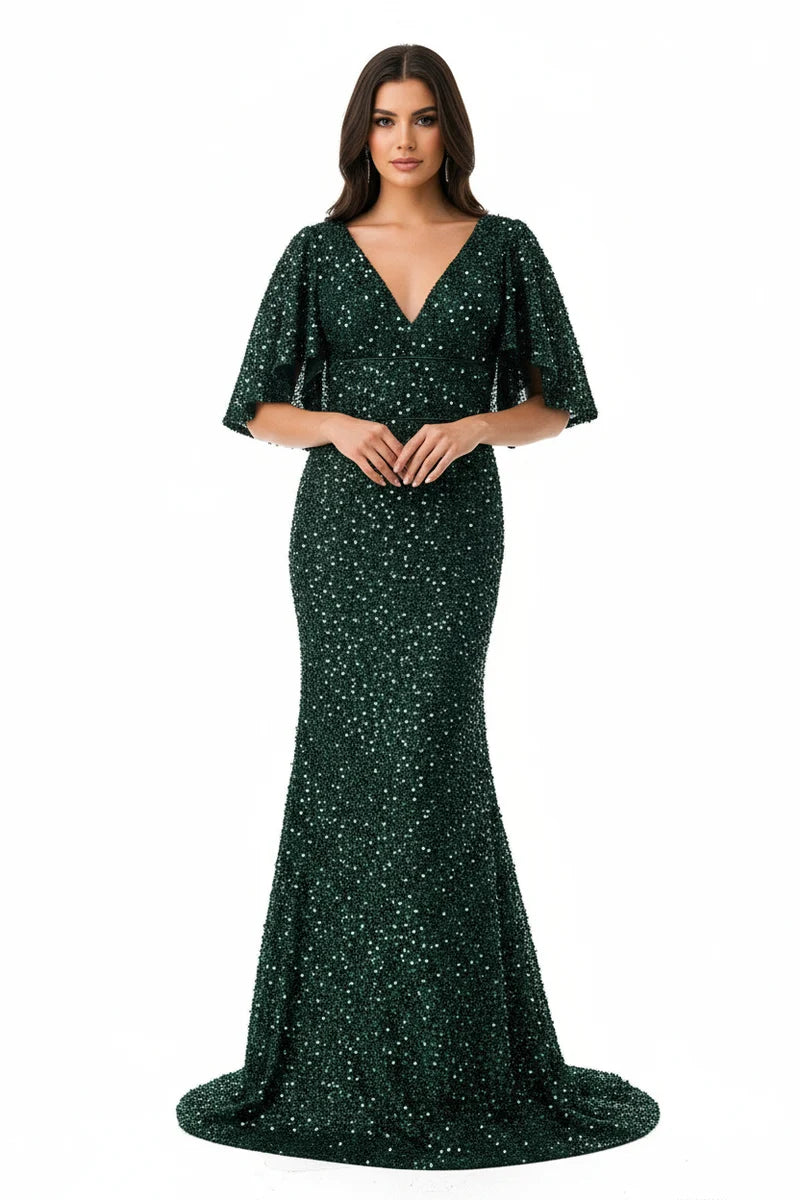 Sequin Beaded Sheath Mother of the Bride Dress Flutter Sleeve V-Neck Evening Gown by Trevi M2751T