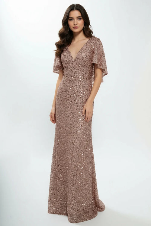 Sequin Beaded Sheath Mother of the Bride Dress Flutter Sleeve V-Neck Evening Gown by Trevi M2751T
