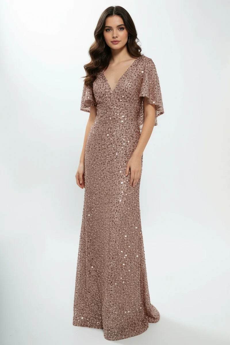 Sequin Beaded Sheath Mother of the Bride Dress Flutter Sleeve V-Neck Evening Gown by Trevi M2751T