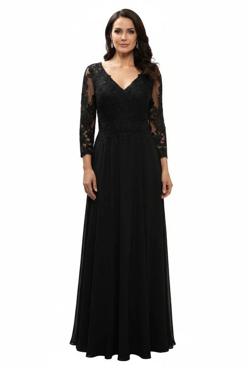 3/4 Sleeve Lace Applique A-Line Evening Gown V-Neck Illusion Sleeve Formal Dress by Trevi M2758Q