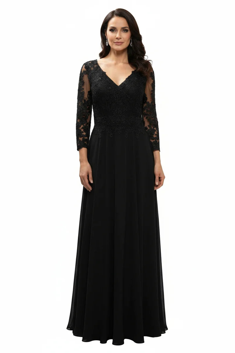 3/4 Sleeve Lace Applique A-Line Evening Gown V-Neck Illusion Sleeve Formal Dress by Trevi M2758Q