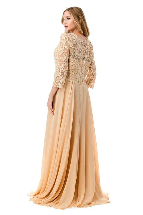 3/4 Sleeve Lace Applique A-Line Evening Gown V-Neck Illusion Sleeve Formal Dress by Trevi M2758Q