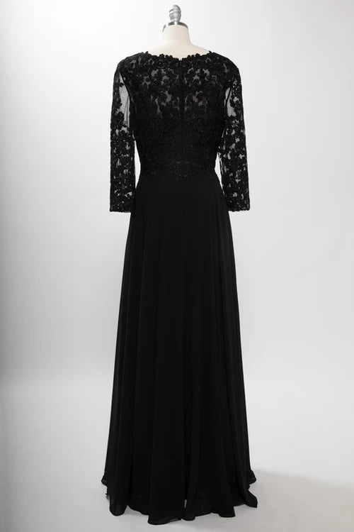 3/4 Sleeve Lace Applique A-Line Evening Gown V-Neck Illusion Sleeve Formal Dress by Trevi M2758Q