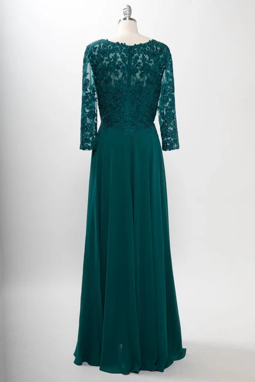 3/4 Sleeve Lace Applique A-Line Evening Gown V-Neck Illusion Sleeve Formal Dress by Trevi M2758Q