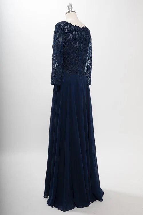 3/4 Sleeve Lace Applique A-Line Evening Gown V-Neck Illusion Sleeve Formal Dress by Trevi M2758Q