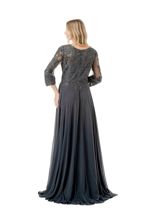 3/4 Sleeve Lace Applique A-Line Evening Gown V-Neck Illusion Sleeve Formal Dress by Trevi M2758Q