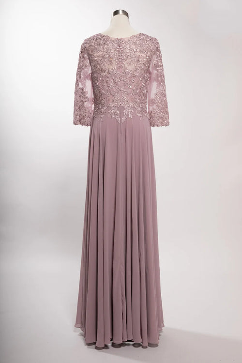3/4 Sleeve Lace Applique A-Line Evening Gown V-Neck Illusion Sleeve Formal Dress by Trevi M2758Q