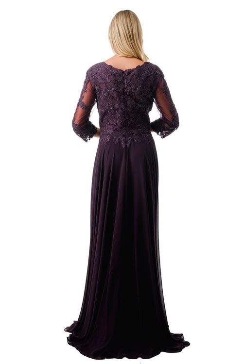 3/4 Sleeve Lace Applique A-Line Evening Gown V-Neck Illusion Sleeve Formal Dress by Trevi M2758Q