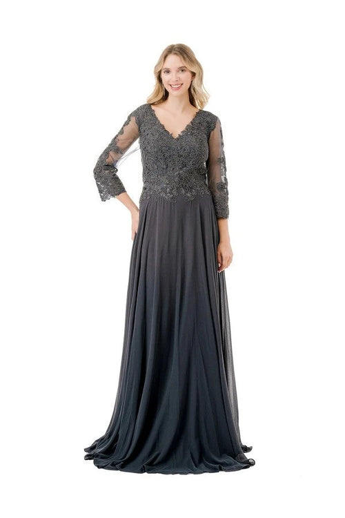3/4 Sleeve Lace Applique A-Line Evening Gown V-Neck Illusion Sleeve Formal Dress by Trevi M2758Q