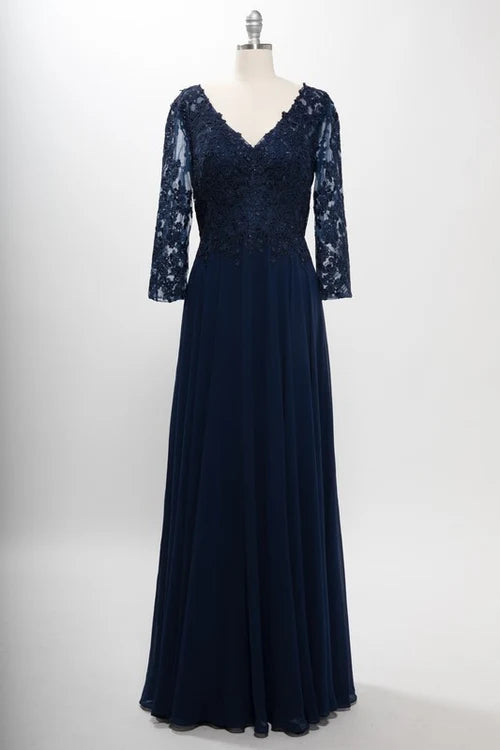 3/4 Sleeve Lace Applique A-Line Evening Gown V-Neck Illusion Sleeve Formal Dress by Trevi M2758Q