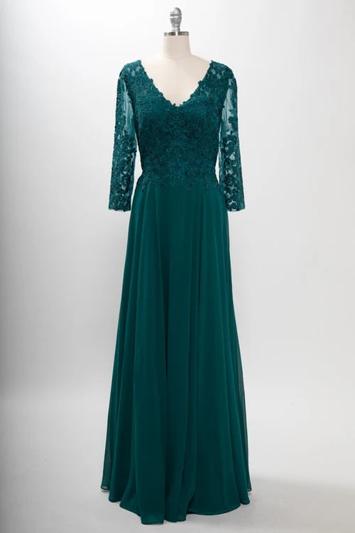 3/4 Sleeve Lace Applique A-Line Evening Gown V-Neck Illusion Sleeve Formal Dress by Trevi M2758Q