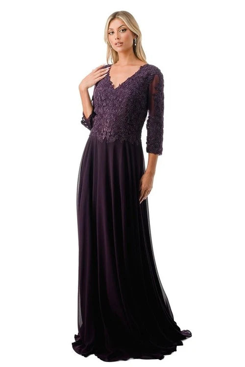 3/4 Sleeve Lace Applique A-Line Evening Gown V-Neck Illusion Sleeve Formal Dress by Trevi M2758Q