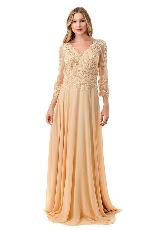 3/4 Sleeve Lace Applique A-Line Evening Gown V-Neck Illusion Sleeve Formal Dress by Trevi M2758Q