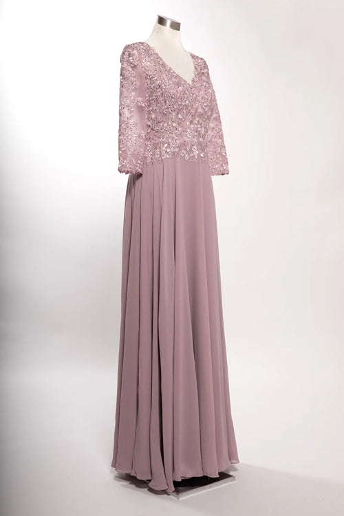 3/4 Sleeve Lace Applique A-Line Evening Gown V-Neck Illusion Sleeve Formal Dress by Trevi M2758Q