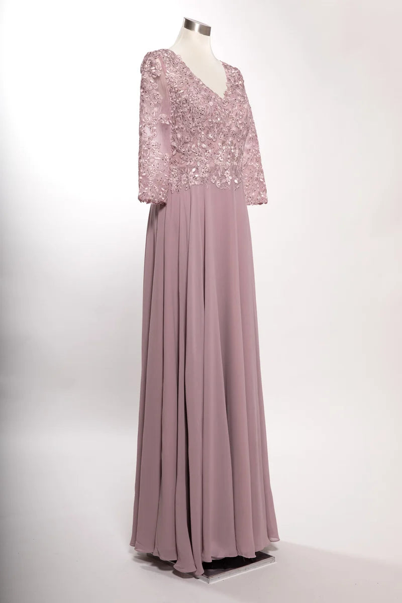 3/4 Sleeve Lace Applique A-Line Evening Gown V-Neck Illusion Sleeve Formal Dress by Trevi M2758Q