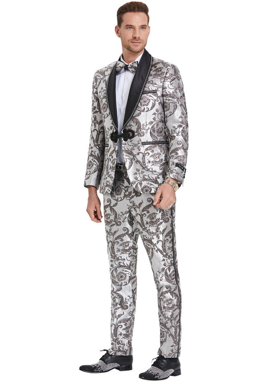 Esmoquin plateado y negro para boda y graduación para hombre