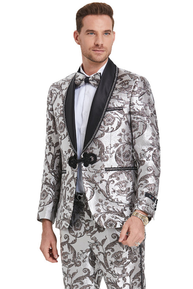 Esmoquin plateado y negro para boda y graduación para hombre