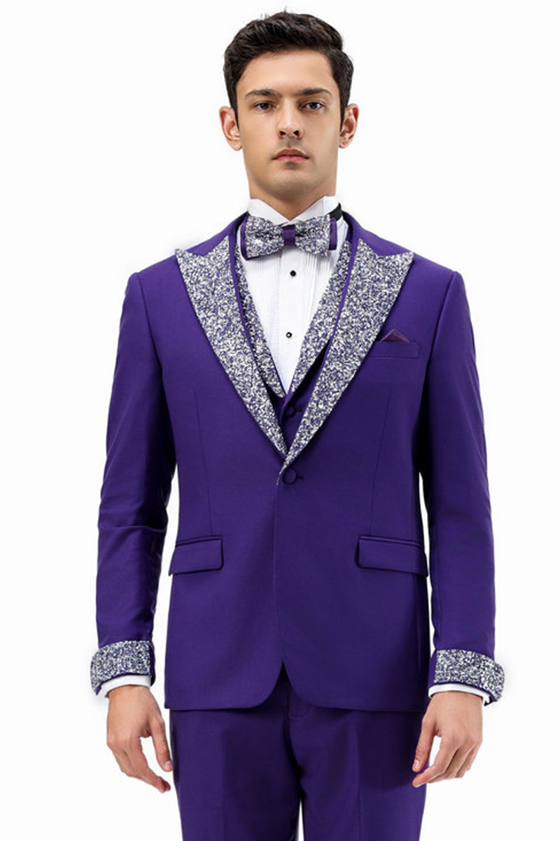 Esmoquin de graduación para hombre, con solapa de pico y un botón de diamantes de imitación, en morado