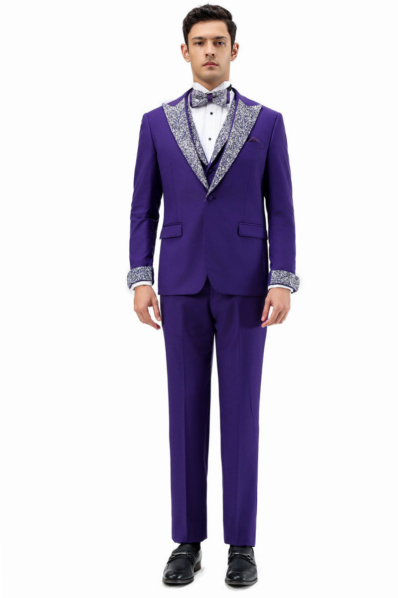Esmoquin de graduación para hombre, con solapa de pico y un botón de diamantes de imitación, en morado
