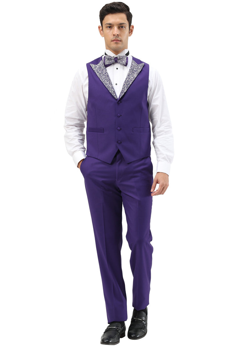 Esmoquin de graduación para hombre, con solapa de pico y un botón de diamantes de imitación, en morado