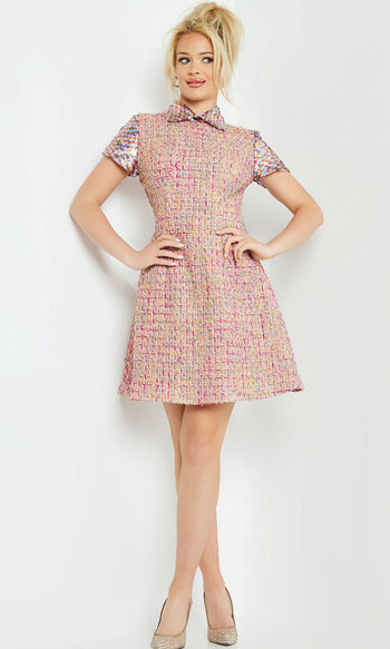 Jovani M68930 - Multicolor Sequin Tweed A-line Mini Dress