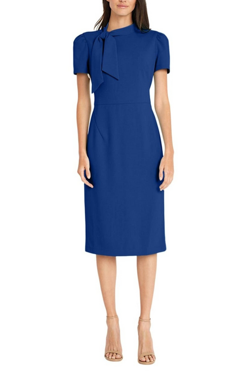 Tie Mockneck Short Sleeve Rose Violet and Web Blue Scuba Crepe Sheath Dress by Maggy London G3779M