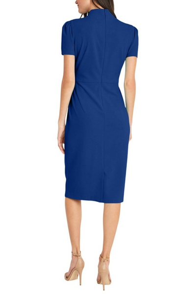 Tie Mockneck Short Sleeve Rose Violet and Web Blue Scuba Crepe Sheath Dress by Maggy London G3779M