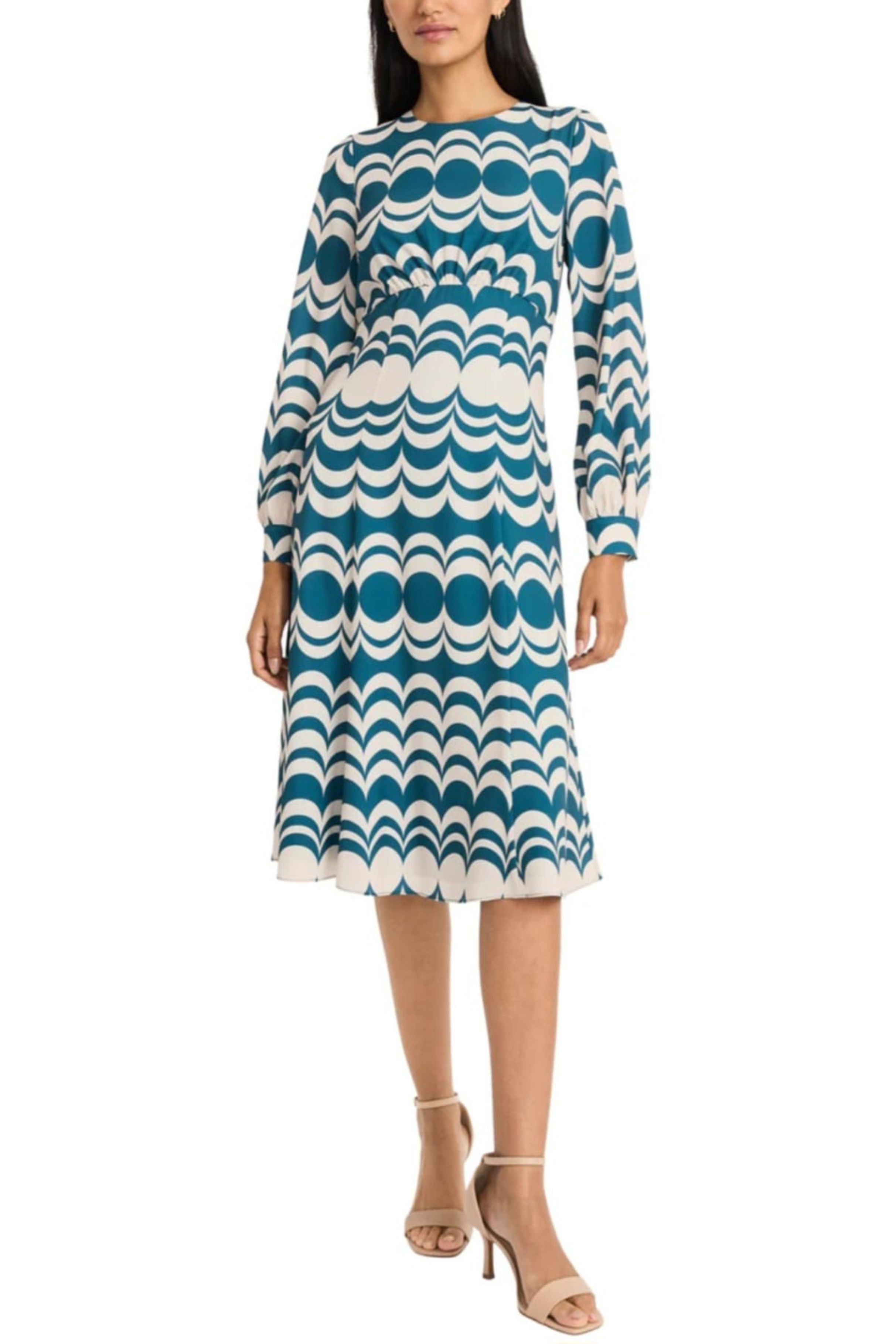 Long Sleeve Geo Print Teal Crew Neckline Bubble Crepe A-Line Dress by Maggy London G5822M