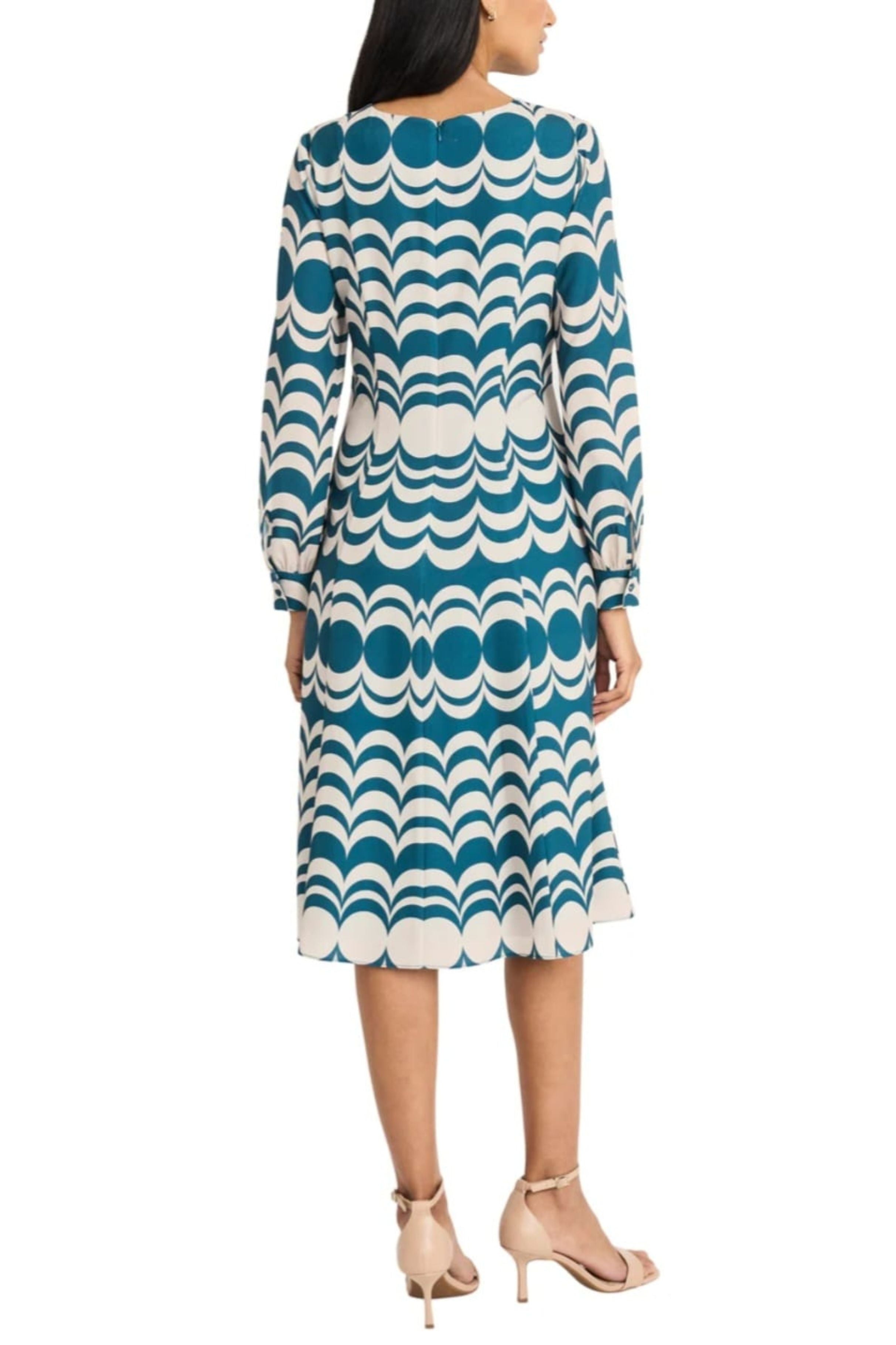 Long Sleeve Geo Print Teal Crew Neckline Bubble Crepe A-Line Dress by Maggy London G5822M