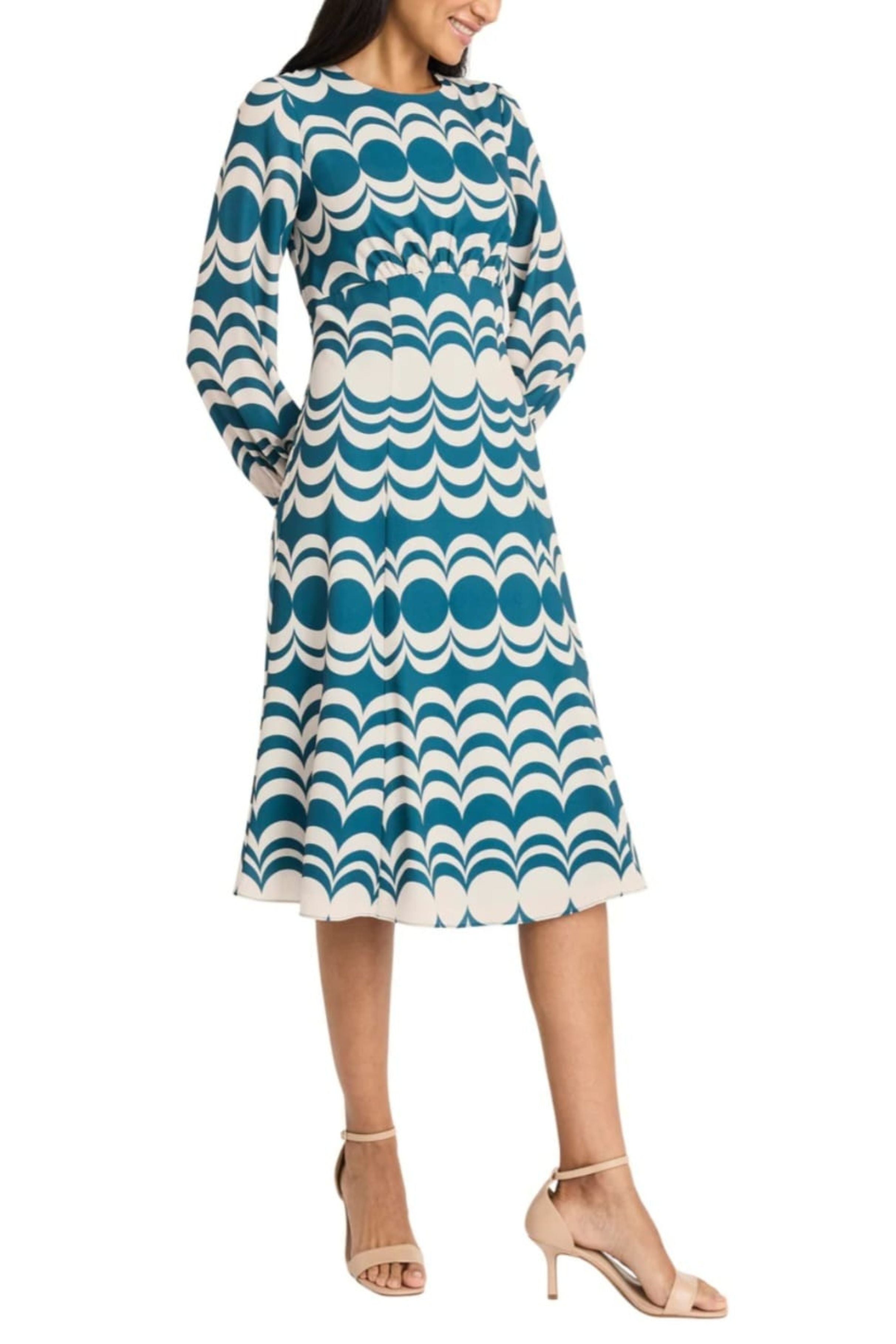 Long Sleeve Geo Print Teal Crew Neckline Bubble Crepe A-Line Dress by Maggy London G5822M