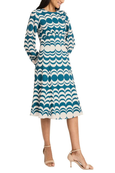 Long Sleeve Geo Print Teal Crew Neckline Bubble Crepe A-Line Dress by Maggy London G5822M