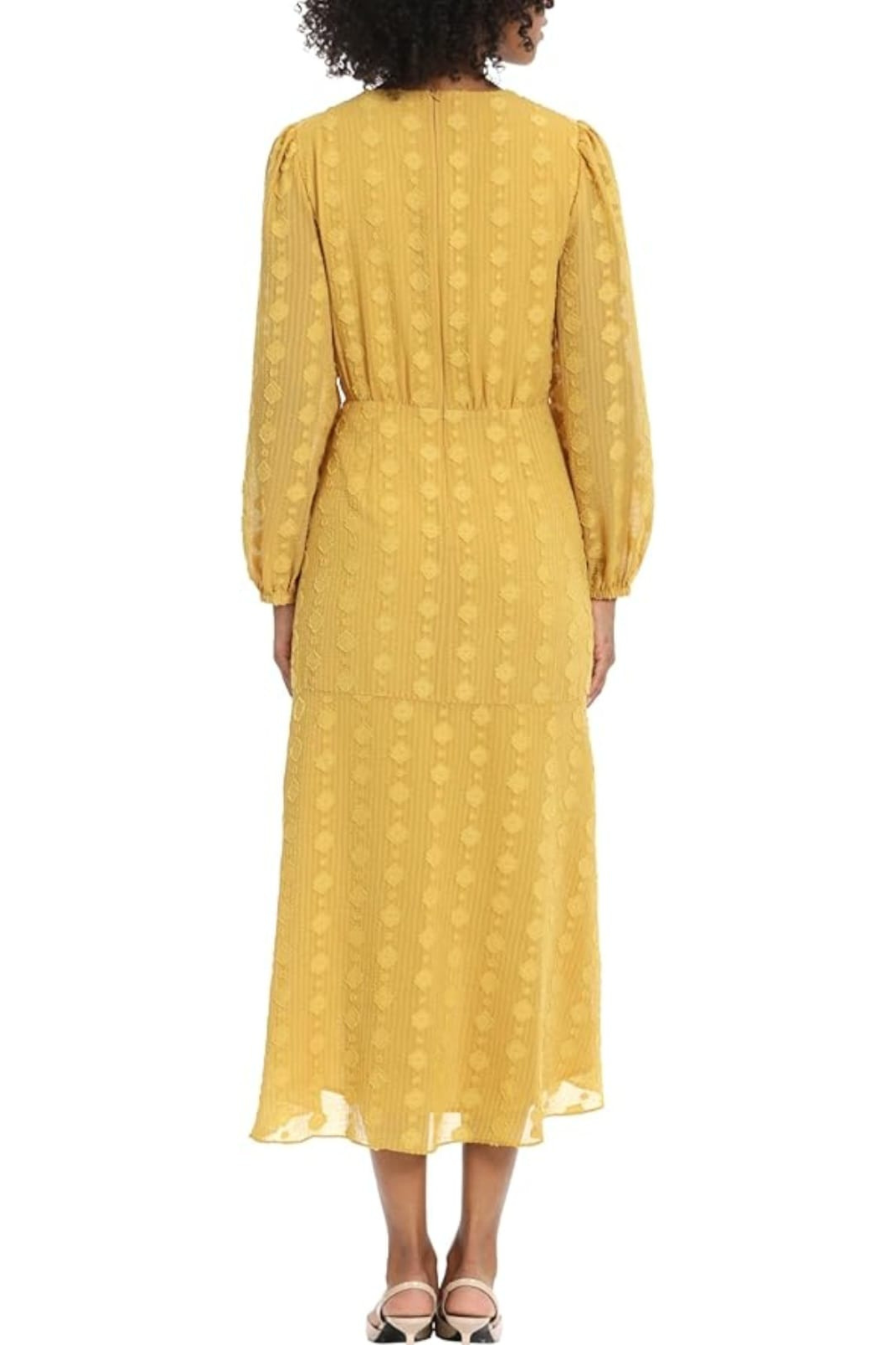 Textured High-Low Golden Rod V-Neck Long Sleeve Midi Dress by Maggy London G5904M