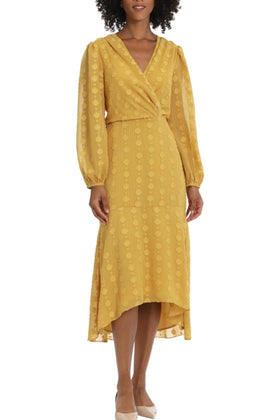 Maggy London G5904M Textured High-Low Golden Rod V-Neck Long Sleeve Midi Dress