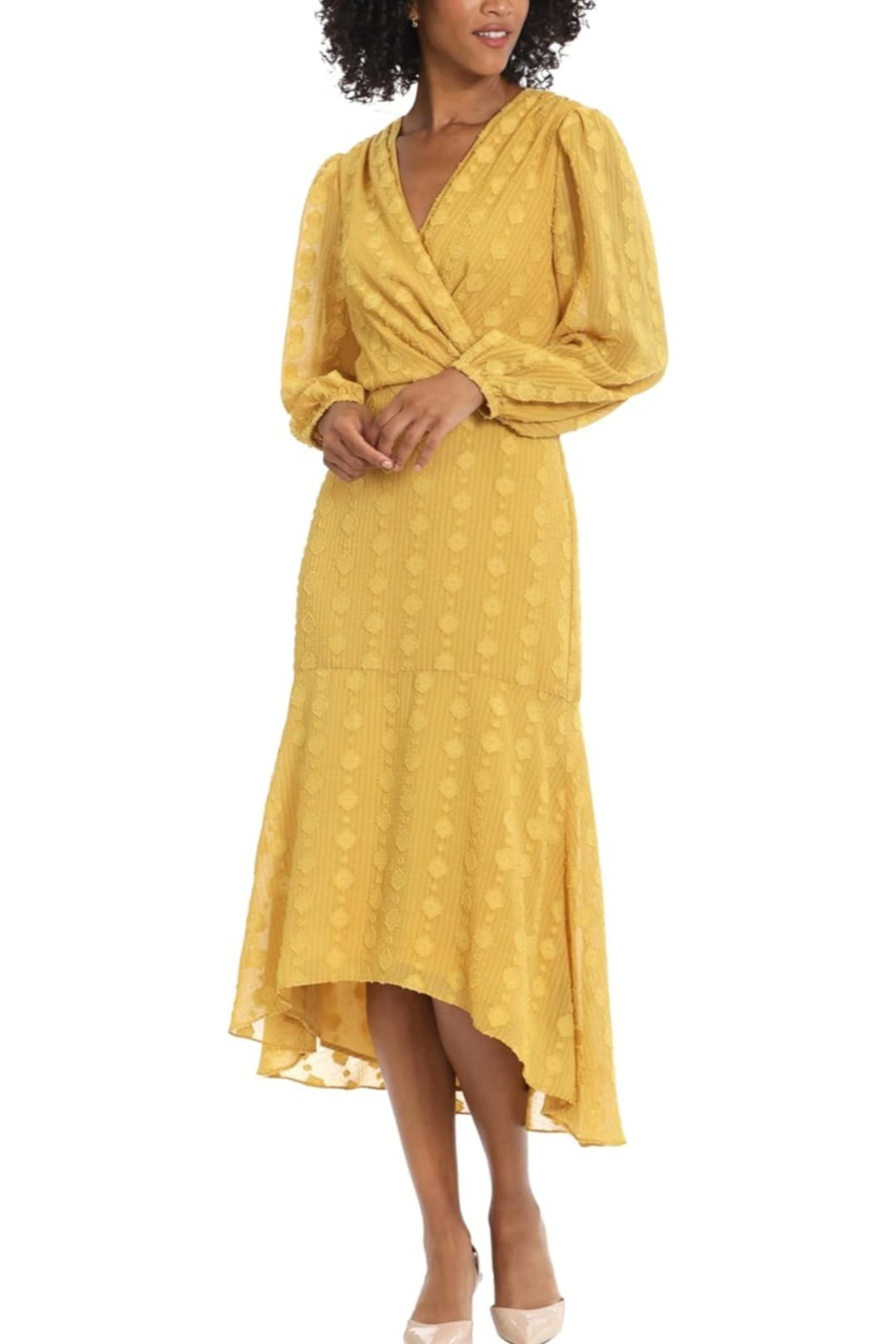 Textured High-Low Golden Rod V-Neck Long Sleeve Midi Dress by Maggy London G5904M
