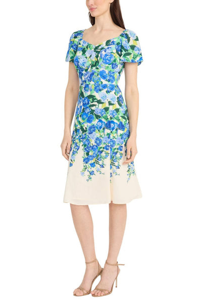 Floral Print Cream Blue and Ivory Magenta Sweetheart Neckline Ruffle A-Line Dress by Maggy London G5920M
