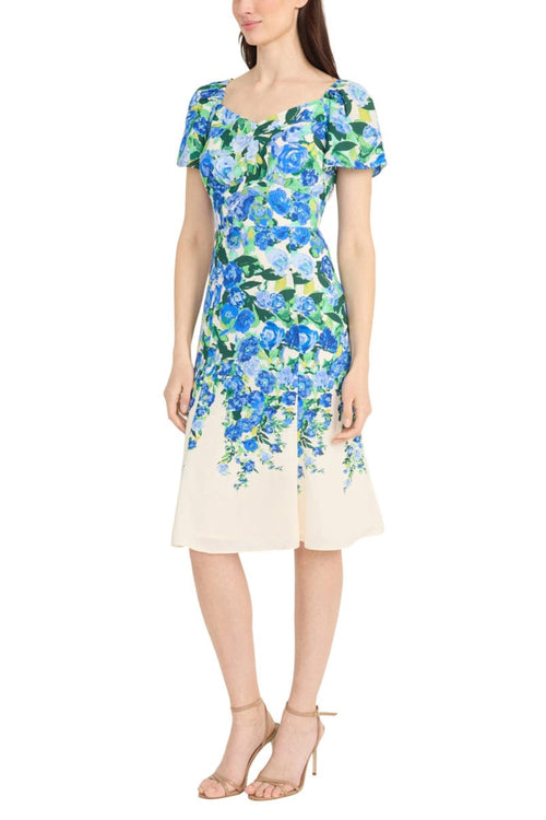 Floral Print Cream Blue and Ivory Magenta Sweetheart Neckline Ruffle A-Line Dress by Maggy London G5920M