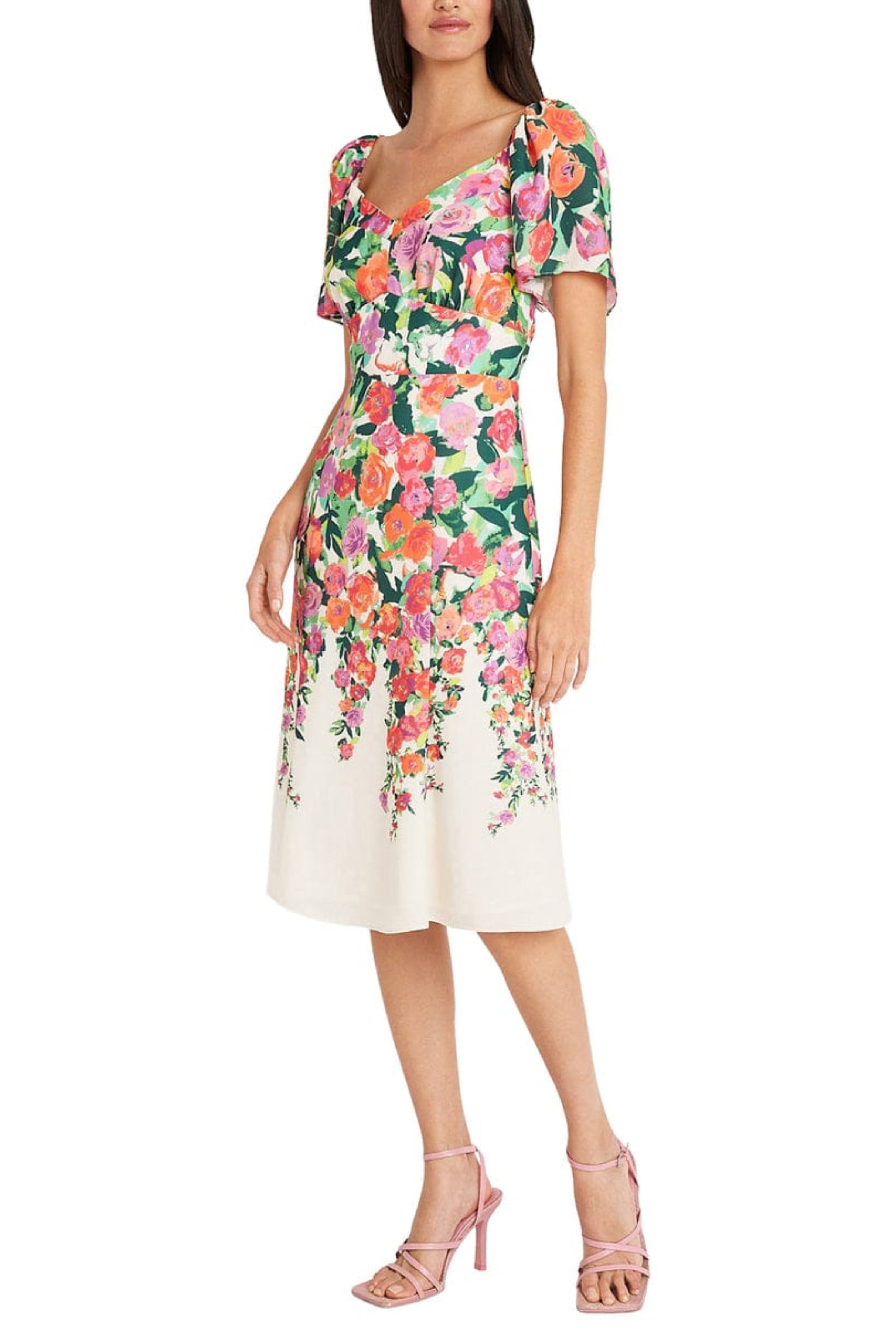 Floral Print Cream Blue and Ivory Magenta Sweetheart Neckline Ruffle A-Line Dress by Maggy London G5920M