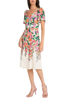 Maggy London G5920M Floral Print Cream Blue and Ivory Magenta Sweetheart Neckline Ruffle A-Line Dress